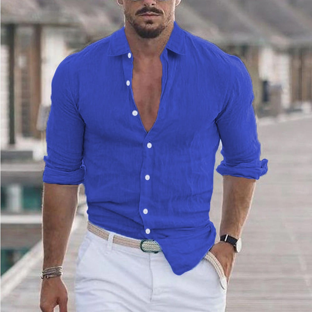 New Men's Summer Linen Flip Collar Beach Shirt Long Sleeve Solid Color Hawaiian Holiday Outfit