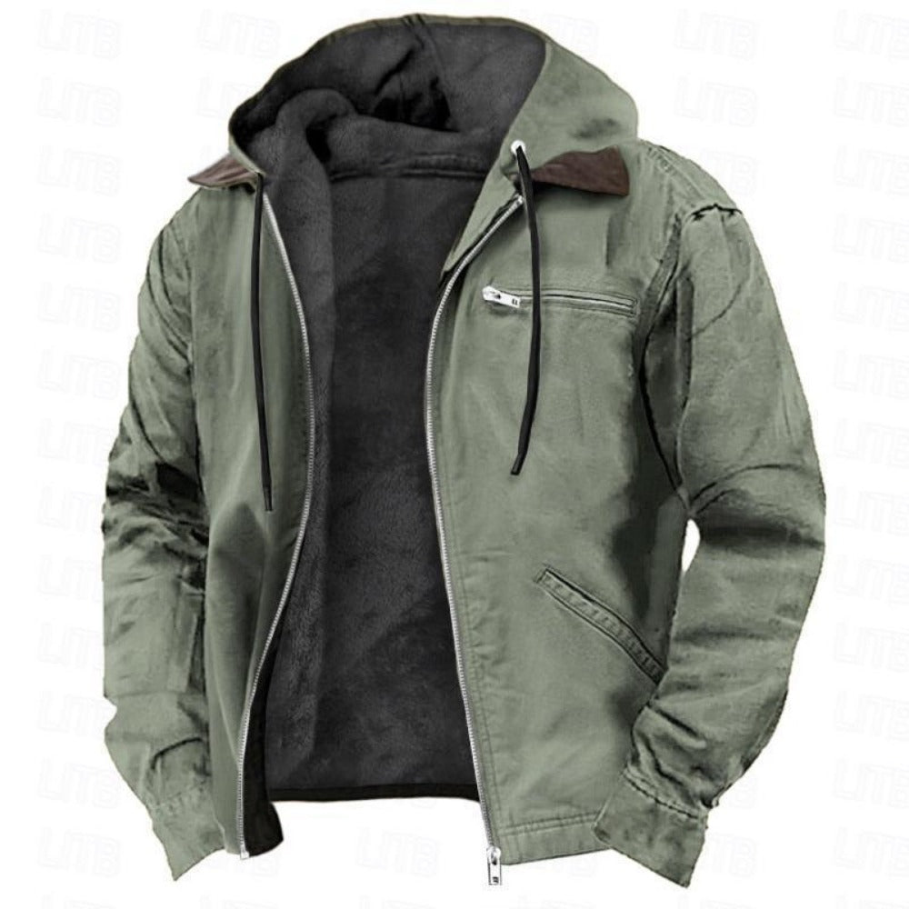 Solid Color Hooded Fleece-Lined Zip-Up Casual Jacket with Pockets