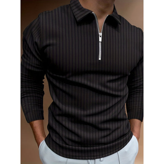 Autumn New 3D Print Stripe Men's Casual Long Sleeve Zipper Polo Shirt