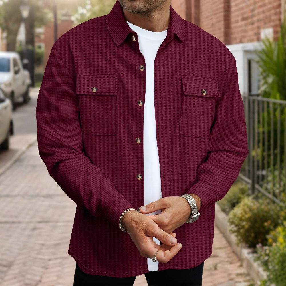 Mens Solid Color Waffle Knit Long Sleeve Button Down Shirt with Dual Pockets