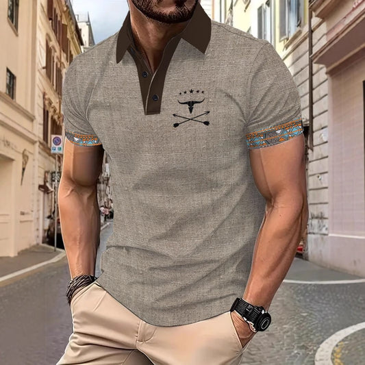 Polo Shirt with 3D Digital Print Collar Button-Up Casual Short-Sleeve Tee