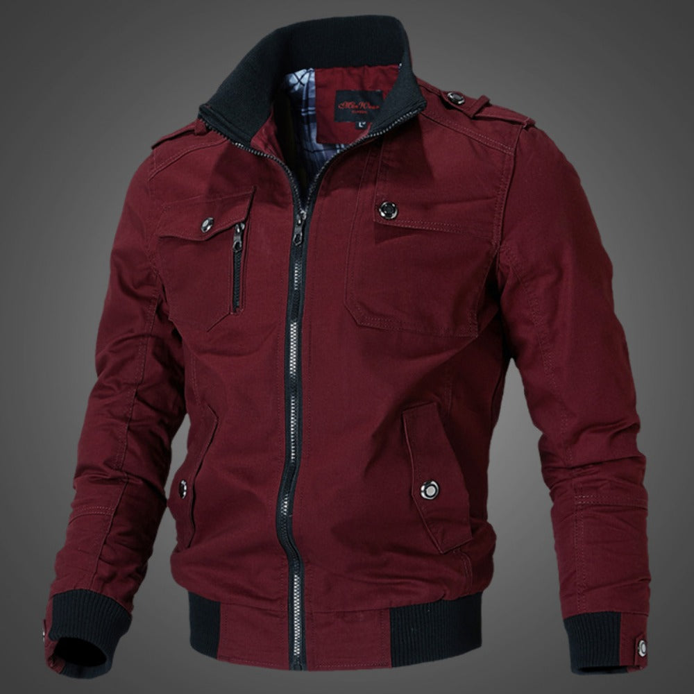 Stand Collar Washed Cotton Military Jacket with Epaulets