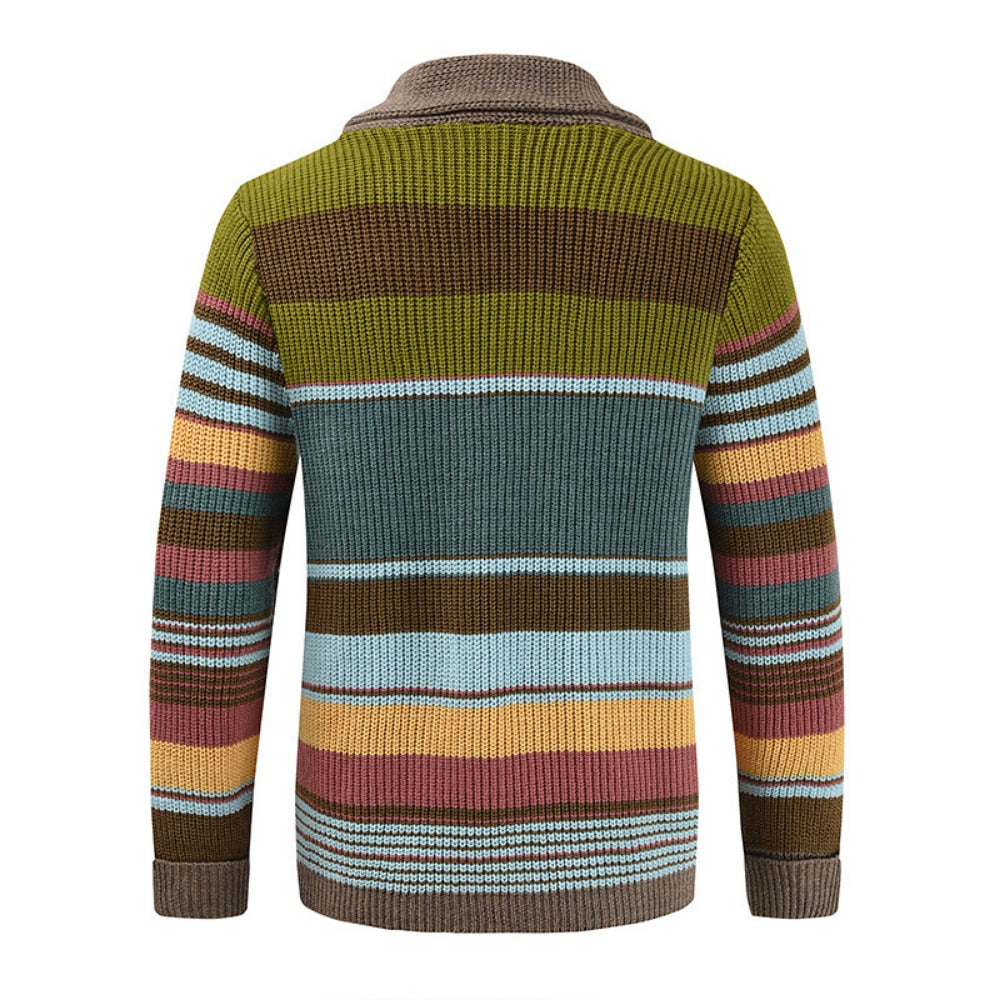 Men’s Knitted Cardigan with Lapel Contrast Color Thickened Winter Sweater