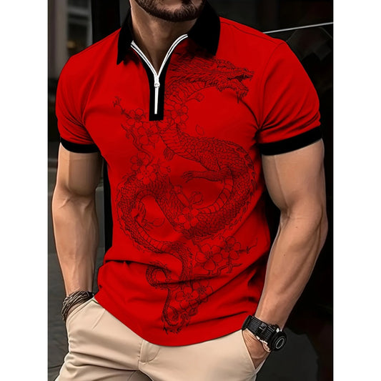 Men's Summer Hot Seller Dragon Pattern 3D Print Gradient Casual Business Zipper Short Sleeve Golf Polo Shirt