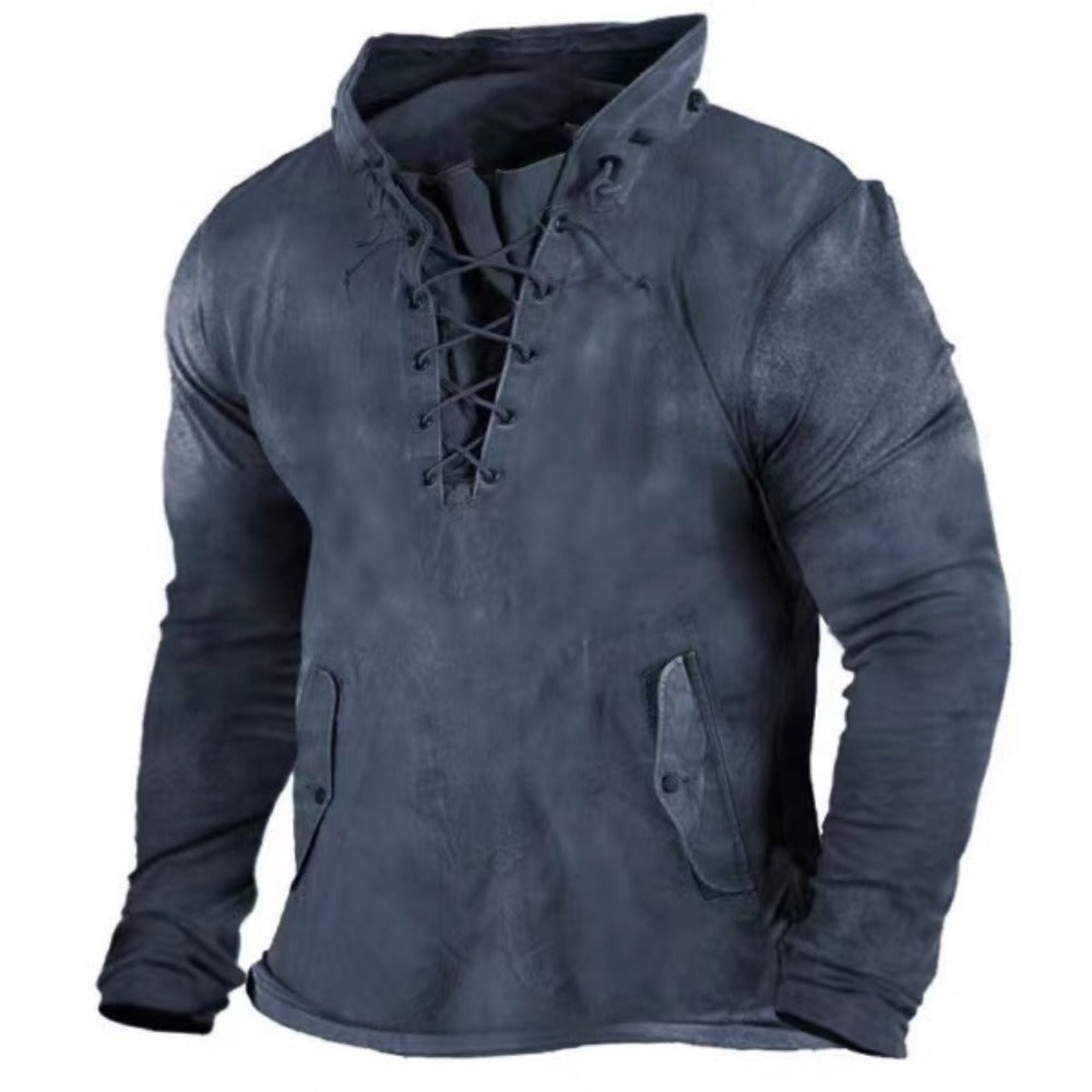 Men's Retro Tie-Front Hooded T-Shirt Loose Solid Color Outdoor Casual Top