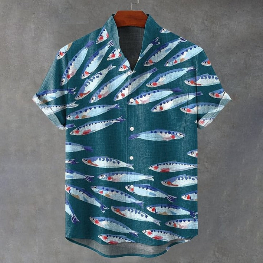 Print Fish School Shirt 3D Pattern Single Button Bamboo Men's Open Front Stand Collar Short Sleeve