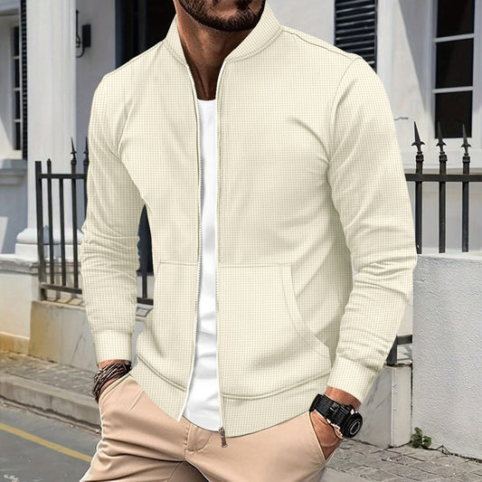 Men’s Waffle Texture Zip Bomber Jacket Solid Color Long Sleeve Coat with Pockets