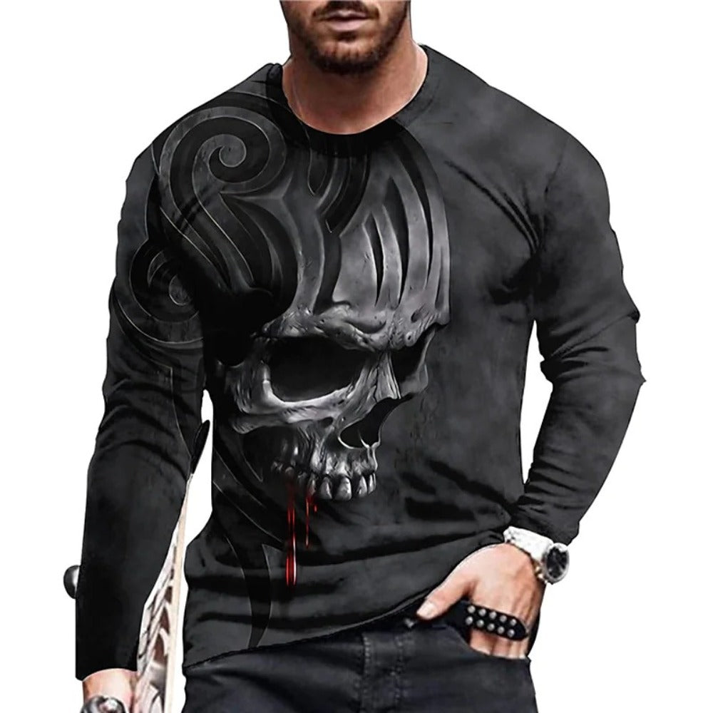 Skeleton Head 3D Digital Print Long-Sleeve Round-Neck Men's T-Shirt