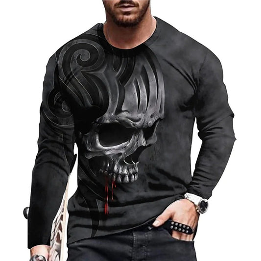Skeleton Head 3D Digital Print Long-Sleeve Round-Neck Men's T-Shirt