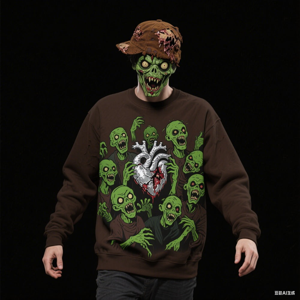 Men's Halloween Round Neck Sweatshirt – Scary Print, Trendy Fall/Winter Streetwear