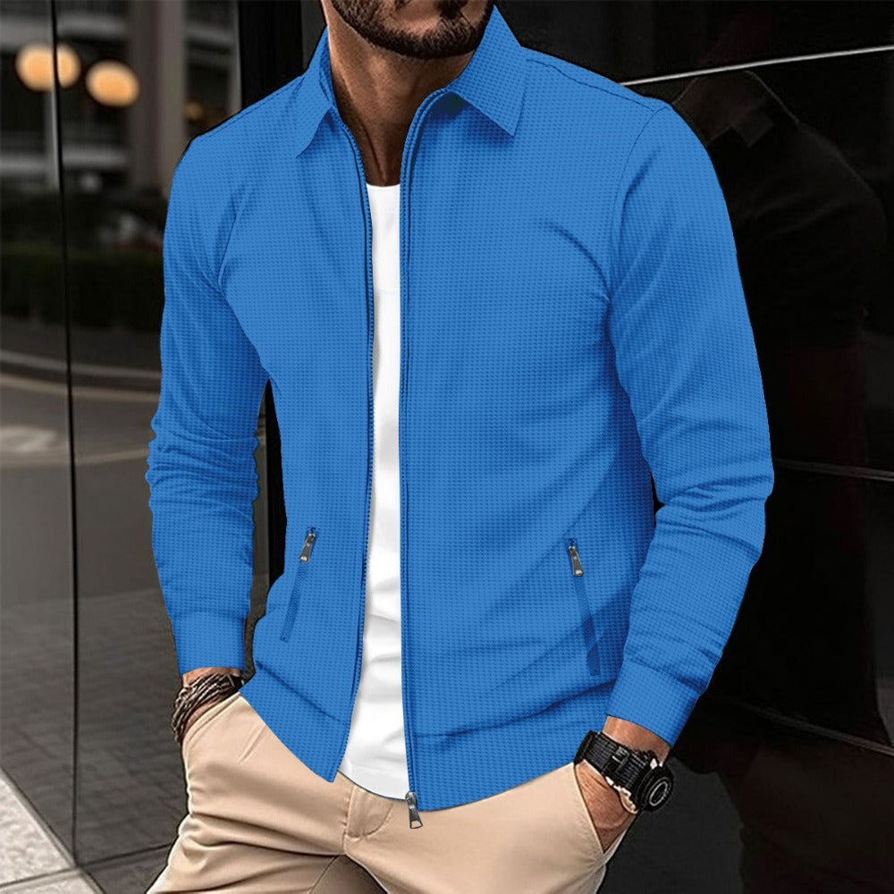 Men’s Spring Autumn Waffle Zip Jacket with Lapel and Utility Pockets