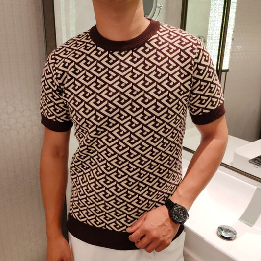 Short-Sleeve Jacquard Round Neck Slim Fit Knit Sweater – Minimalist Casual Style