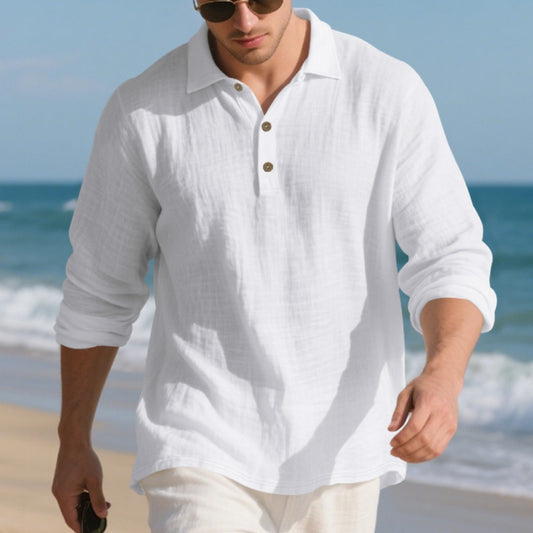 Autumn American Style Loose Linen Flip Collar Button Casual Business Men's Long Sleeve Shirt
