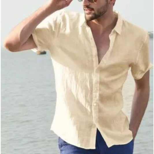 Summer Solid Color Linen Shirt Men's Thin New Short Sleeve Linen Shirt Trendy Beachwear