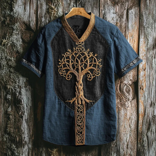 Summer Men's Linen Loose Fit Round-Neck Ethnic 3D Digital Print T-Shirt