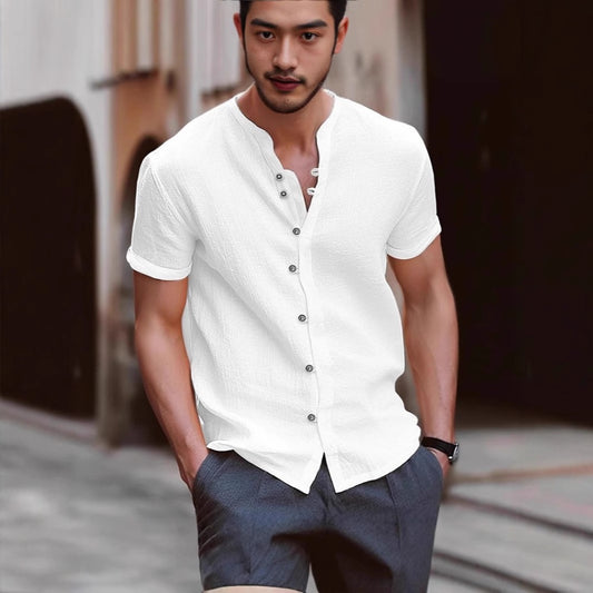 Men's Shirt New Best-Seller Fashion Linen Vintage Button Casual Short Sleeve Shirt