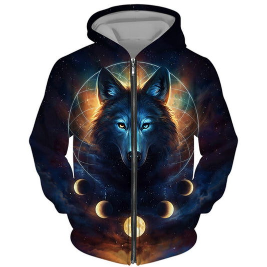 3D Wolf Series Printed Zip-Up Hoodie Unisex Couple's Jacket Casual Fashion Outerwear