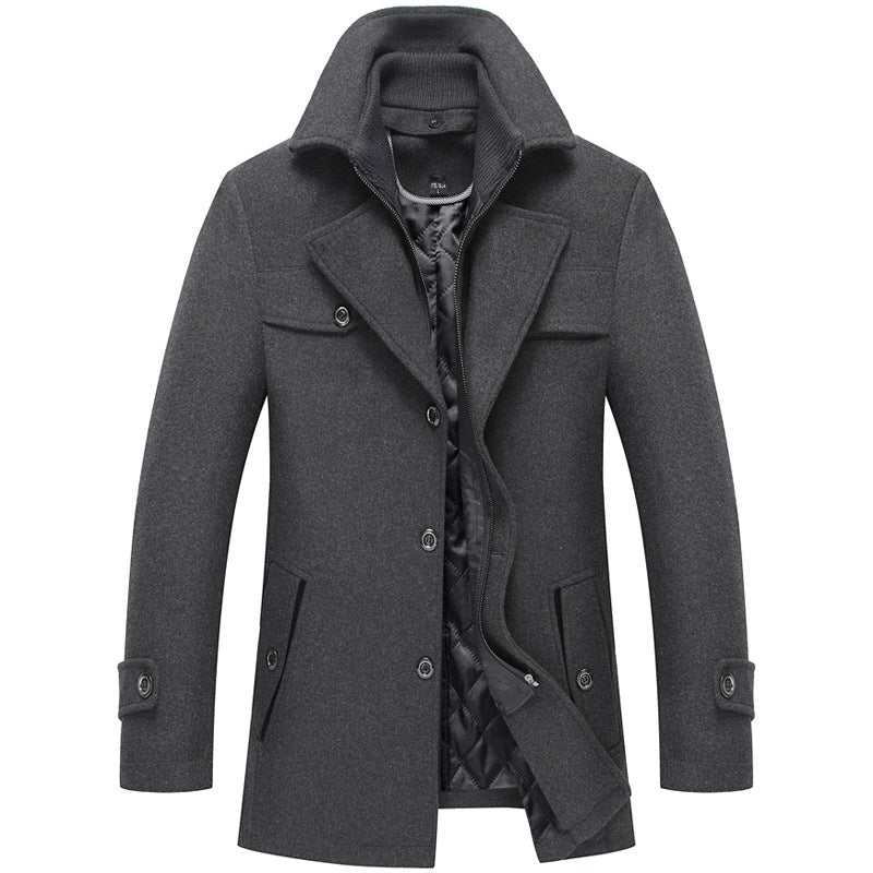New Men's Wool Blend Double-Collar Thick Lapel Coat