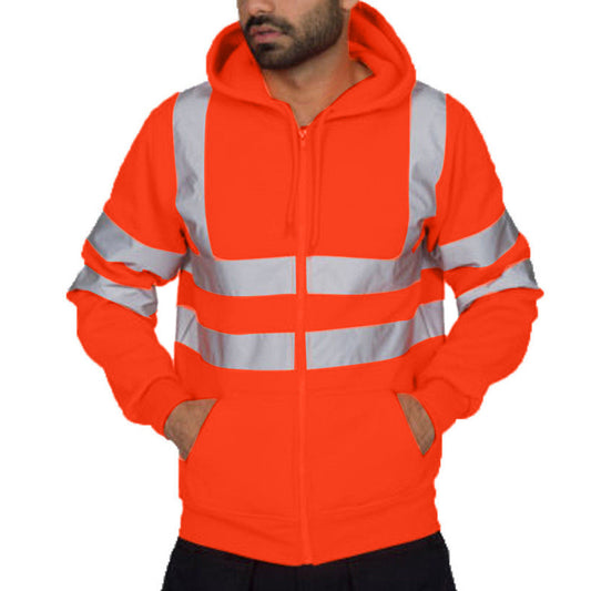 Men's Reflective Strip Workwear Fleece-Lined Hoodie Outdoor Top