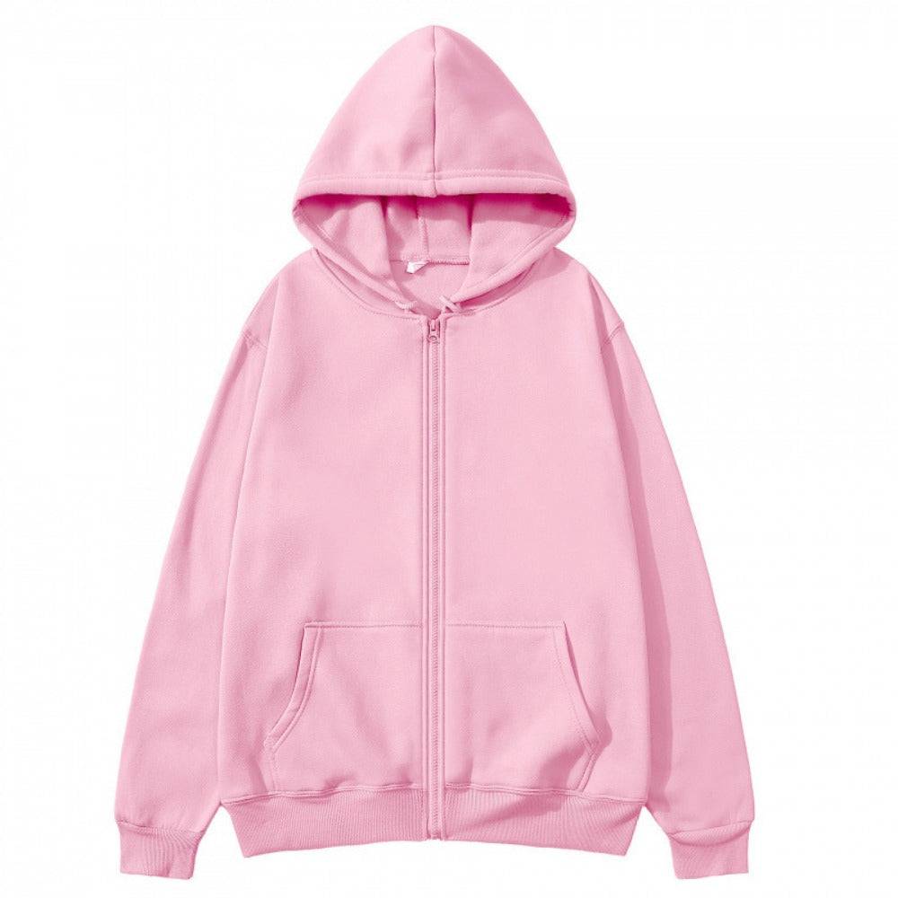 Unisex Zip-Up Hoodie Open-Front Solid Color Sportswear Top