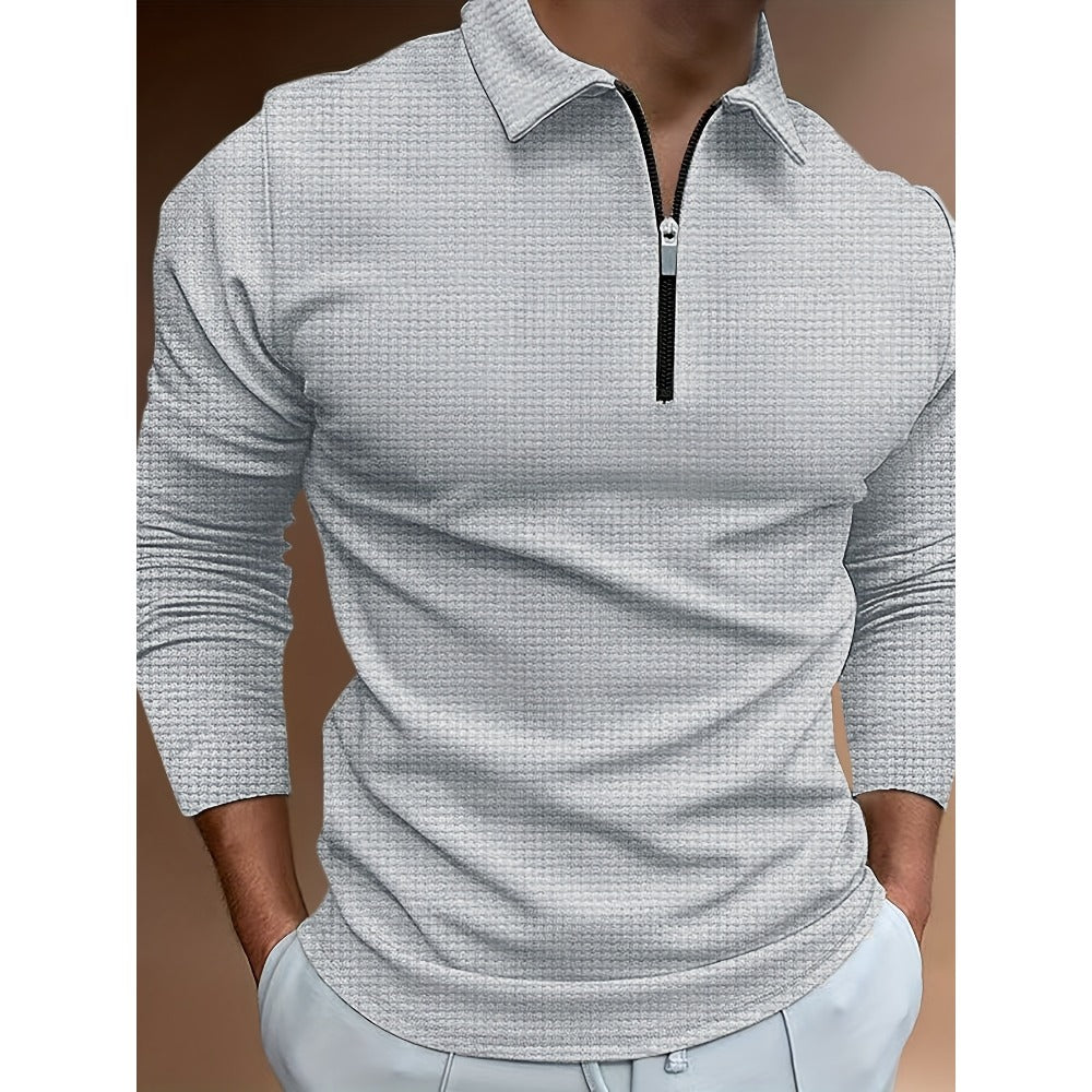 Autumn New 3D Print Plaid Men's Casual Long Sleeve Zipper Polo Shirt