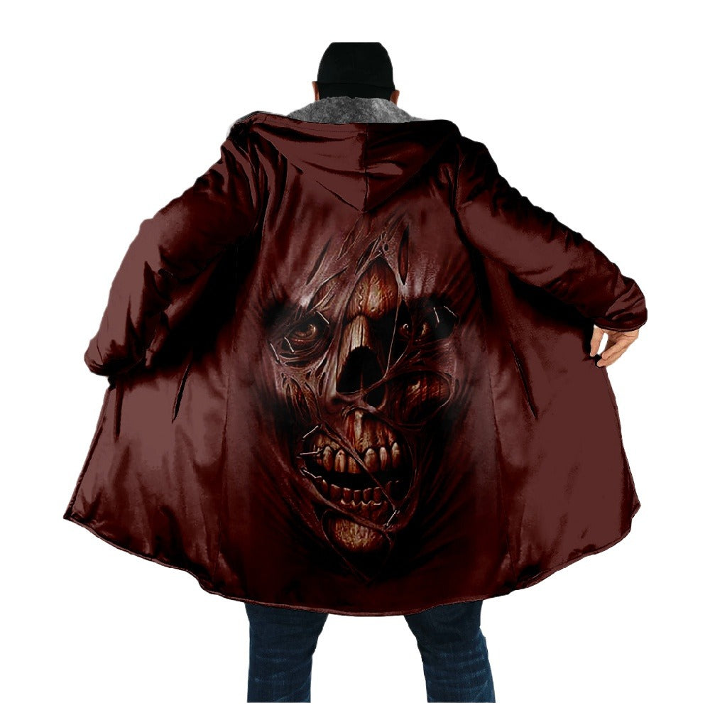 Skull Hooded Cape Button-Up 3D Print Fleece-Lined Trench Coat