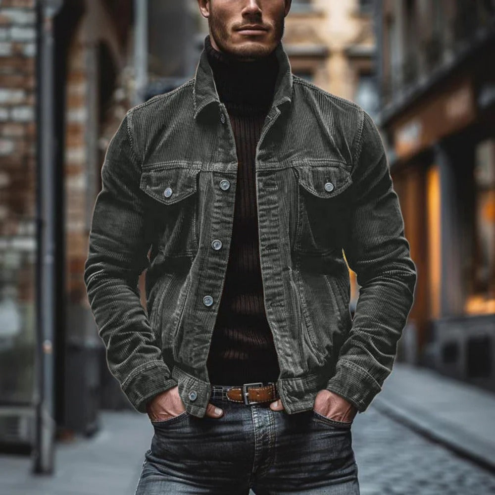 New Men's Corduroy Long-Sleeve Striped Lapel Jacket with Pockets