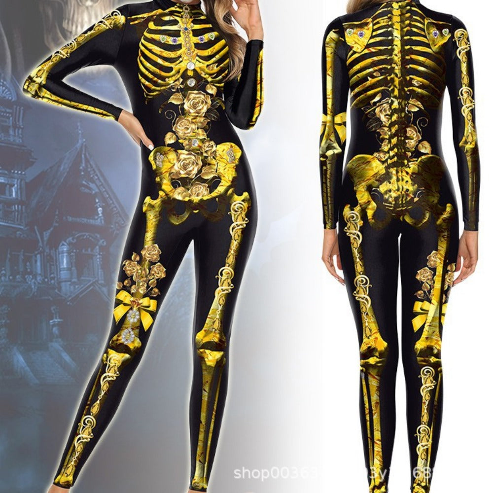 Halloween Tight-Fit Skeleton Jumpsuit with 3D Digital Print