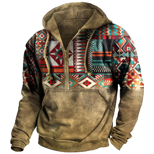 Euro-Size Men's Retro Ethnic Print Hooded Zip-Up Outdoor Jacket