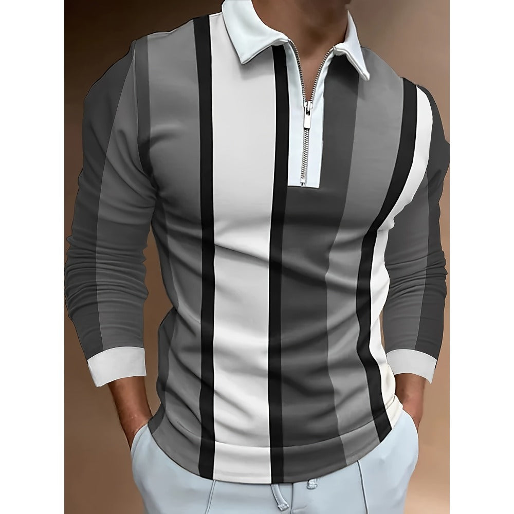 Autumn New 3D Print Long Sleeve Zipper Polo Shirt Men's Business Casual