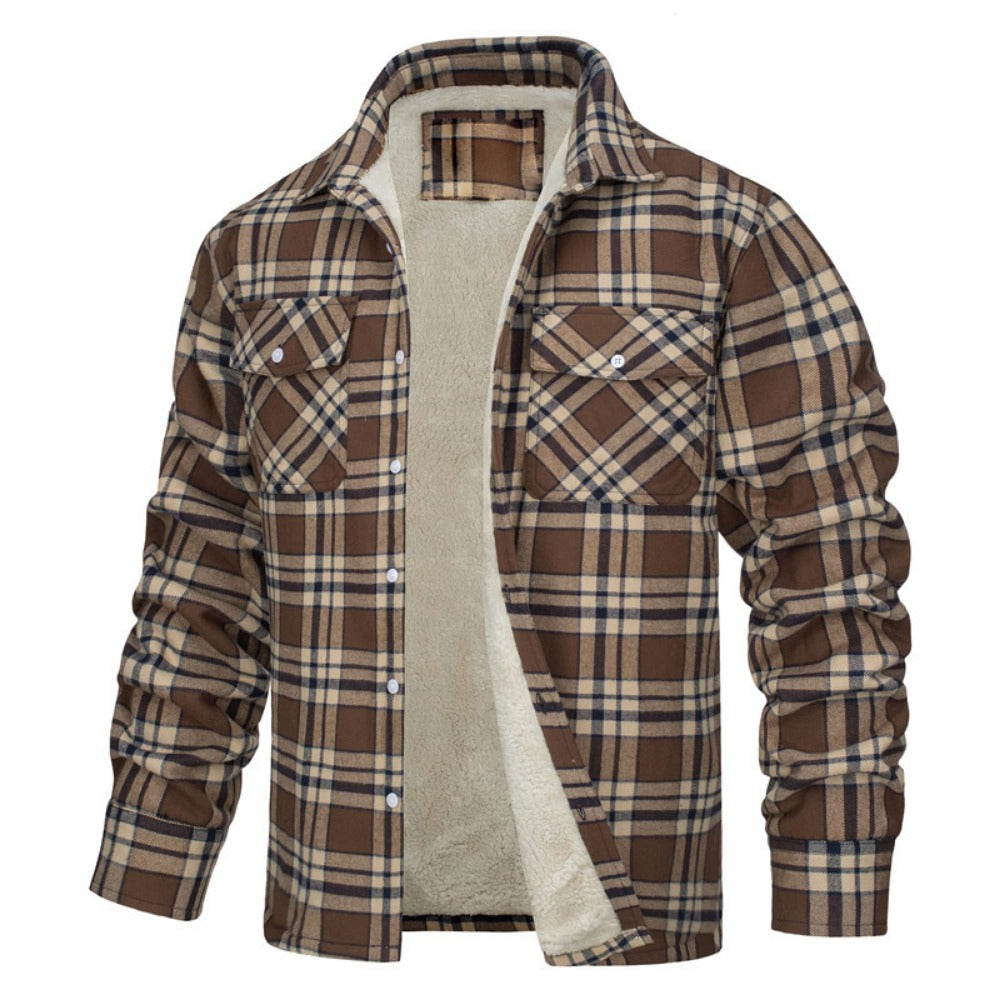 New Fleece-Lined Plaid Long-Sleeve Lapel Button-Up Casual Jacket