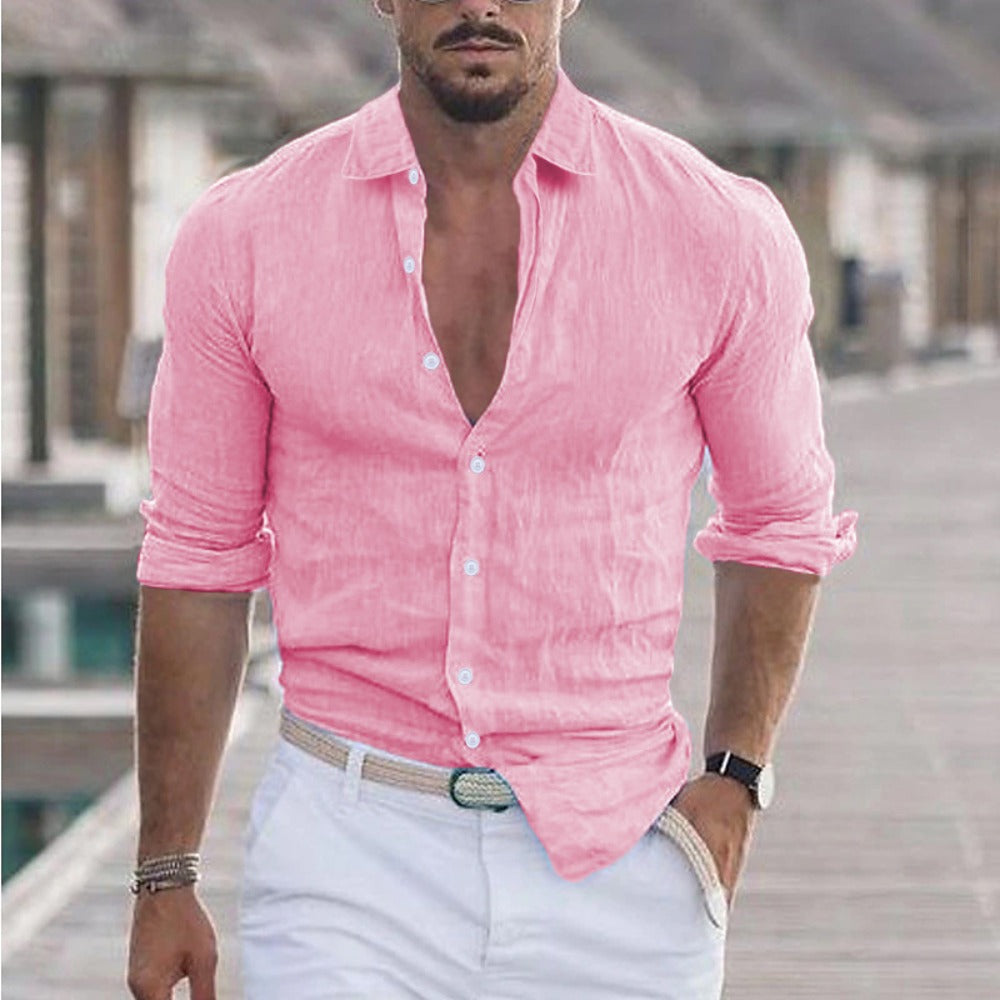 New Men's Summer Linen Flip Collar Beach Shirt Long Sleeve Solid Color Hawaiian Holiday Outfit