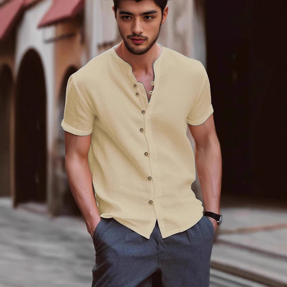 Men's Shirt New Best-Seller Fashion Linen Vintage Button Casual Short Sleeve Shirt