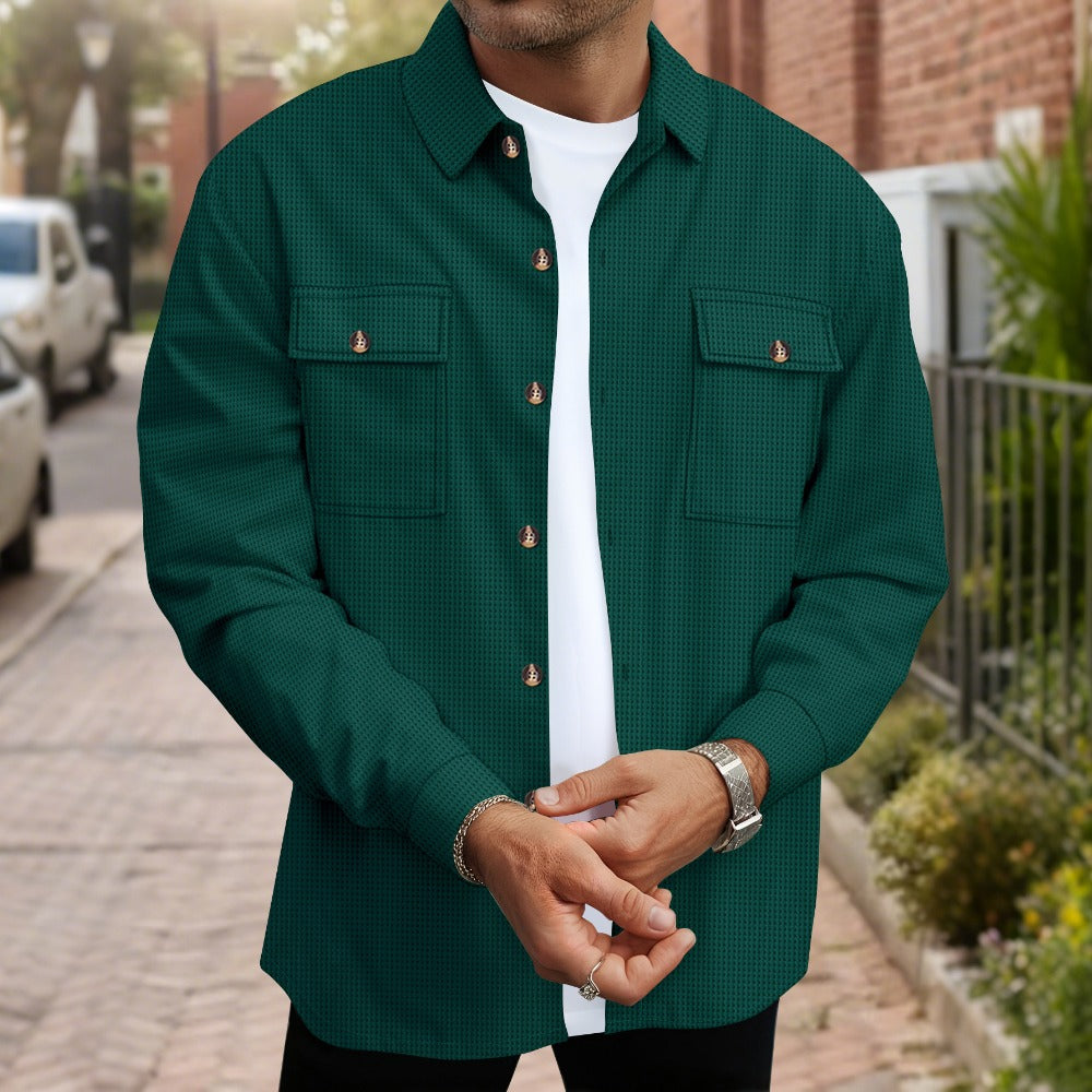 Mens Solid Color Waffle Knit Long Sleeve Button Down Shirt with Dual Pockets