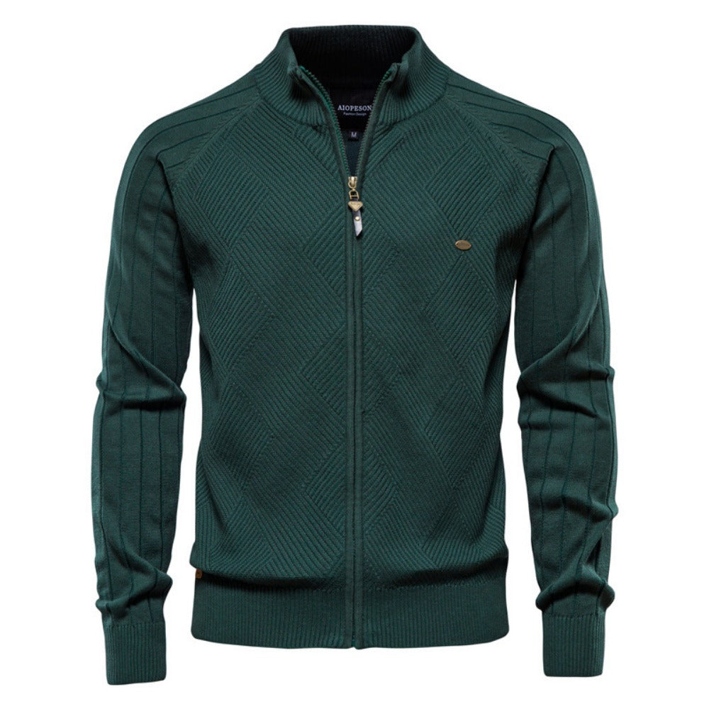 2025 Fall & Spring Men’s Cardigan Sweater - Solid Color Ribbed Collar Knit Pullover, Casual High Neck
