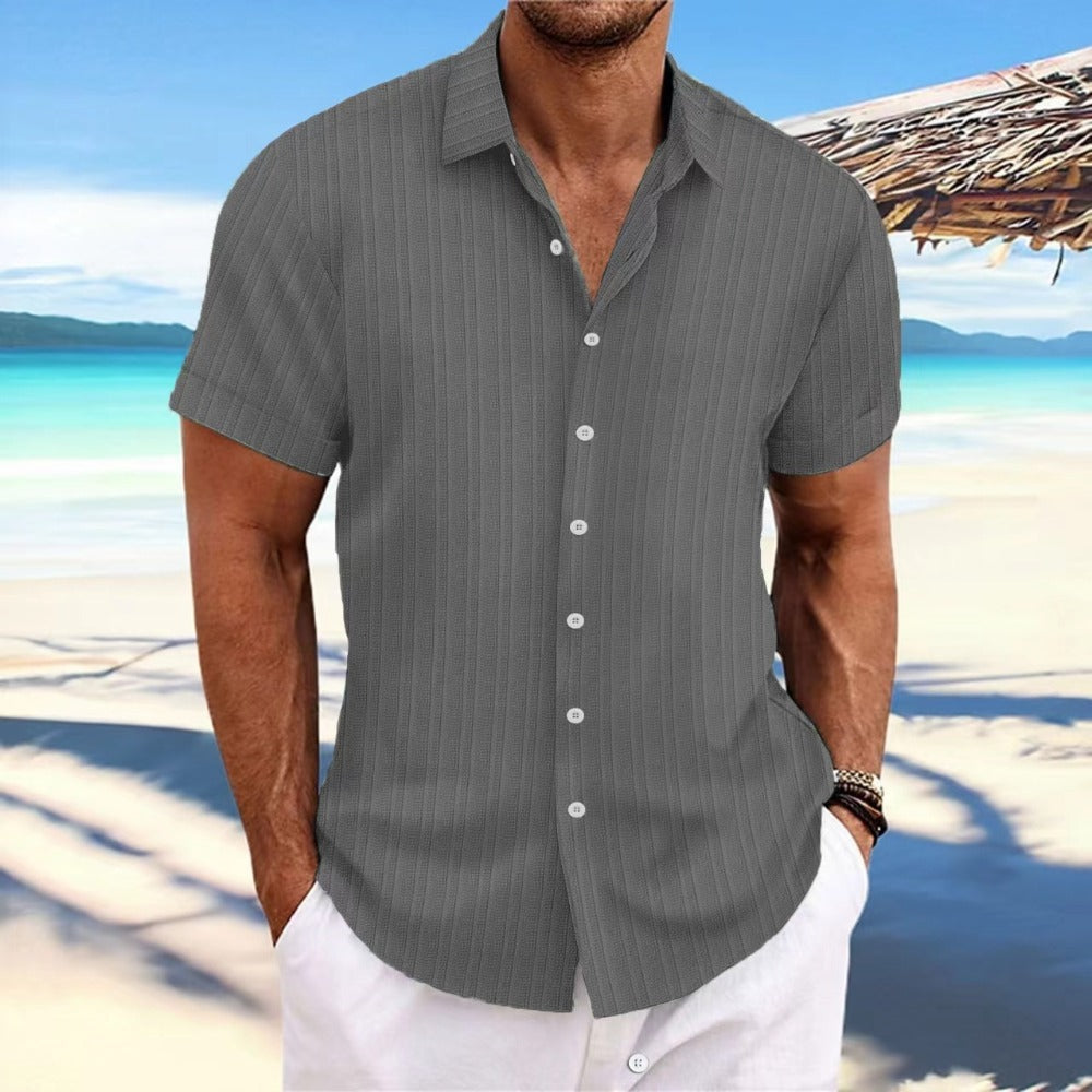 Solid Color Jacquard Wave Stripe Short Sleeve Shirt Men's Daily Casual Open Front