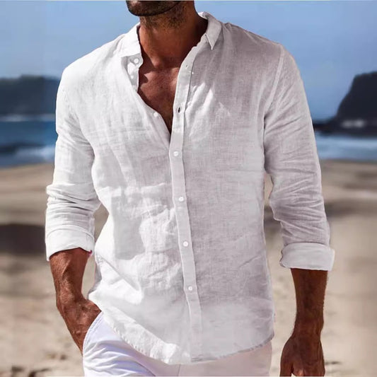 Men's Button-Up Shirt Daily Wear Long Sleeve Plain Flip Collar Spring/Summer Casual Linen Shirt