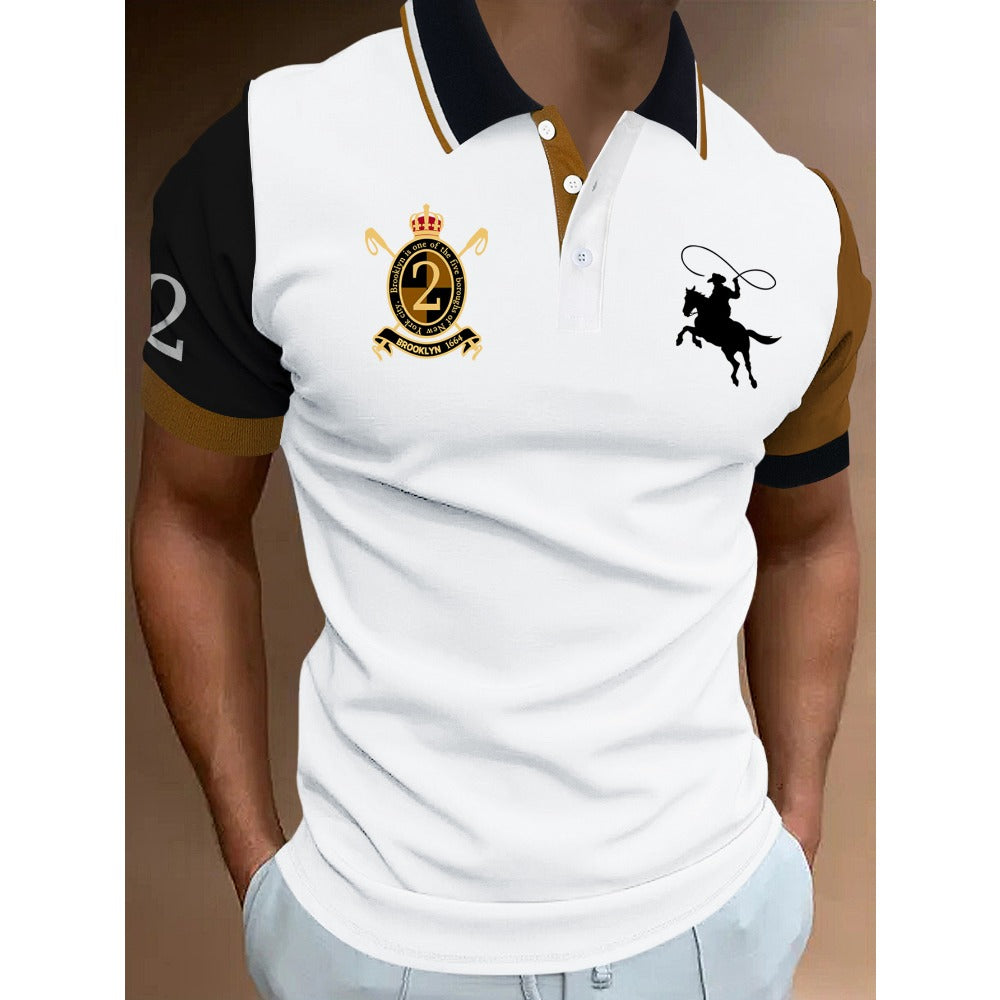 Polo Shirt Color-Block Print Men's Wear Short Sleeve Casual Fitted Turn-Down Collar Shirt