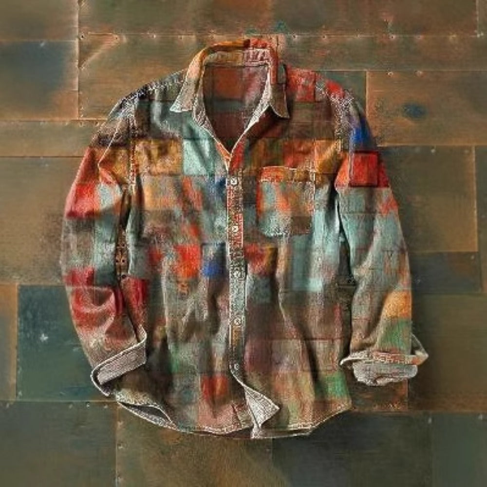170GSM Retro Color-Block Men's Long Sleeve Button-Up Shirt