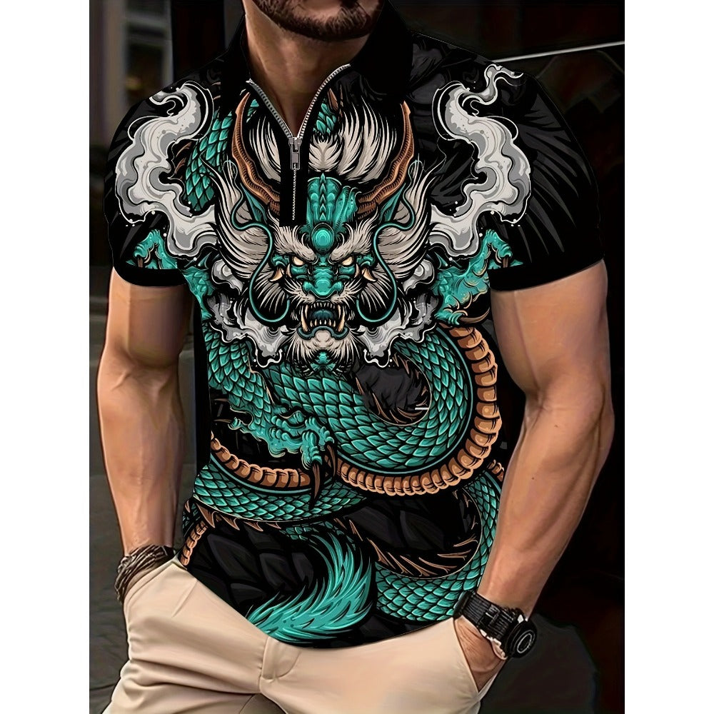 Men's Summer Hot Seller Dragon Pattern 3D Print Gradient Casual Business Zipper Short Sleeve Golf Polo Shirt