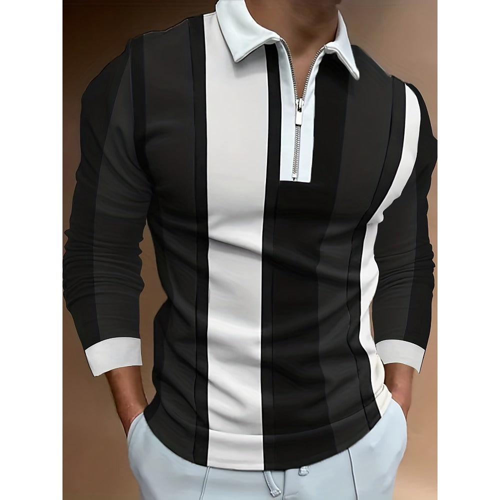 Autumn New 3D Print Long Sleeve Zipper Polo Shirt Men's Business Casual