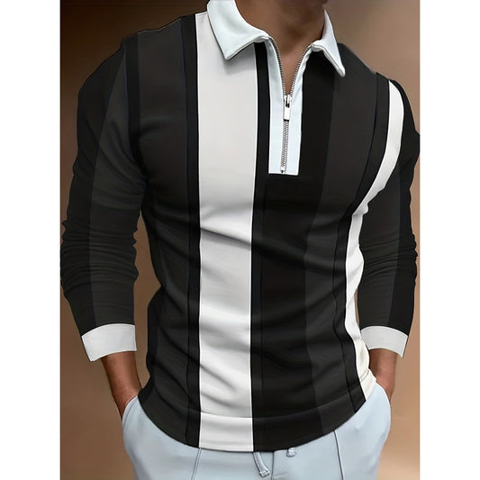 Autumn New 3D Print Long Sleeve Zipper Polo Shirt Men's Business Casual