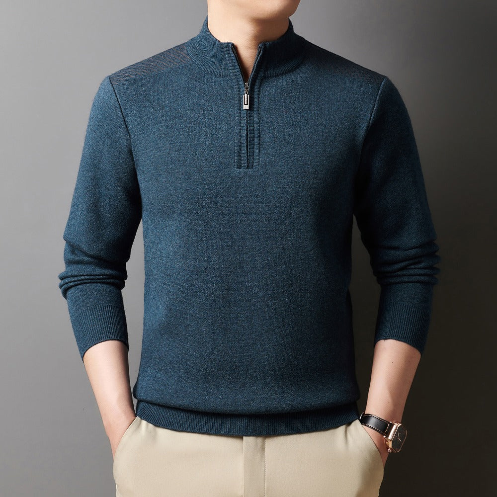 Stand-Up Collar Zipper Knit Sweater for Men – Casual Solid Color Pullover