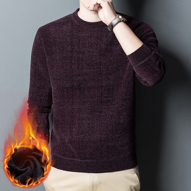 New Chenille Fleece-Lined Thickened Sweater – Men’s Solid Color Winter Warm Base Layer