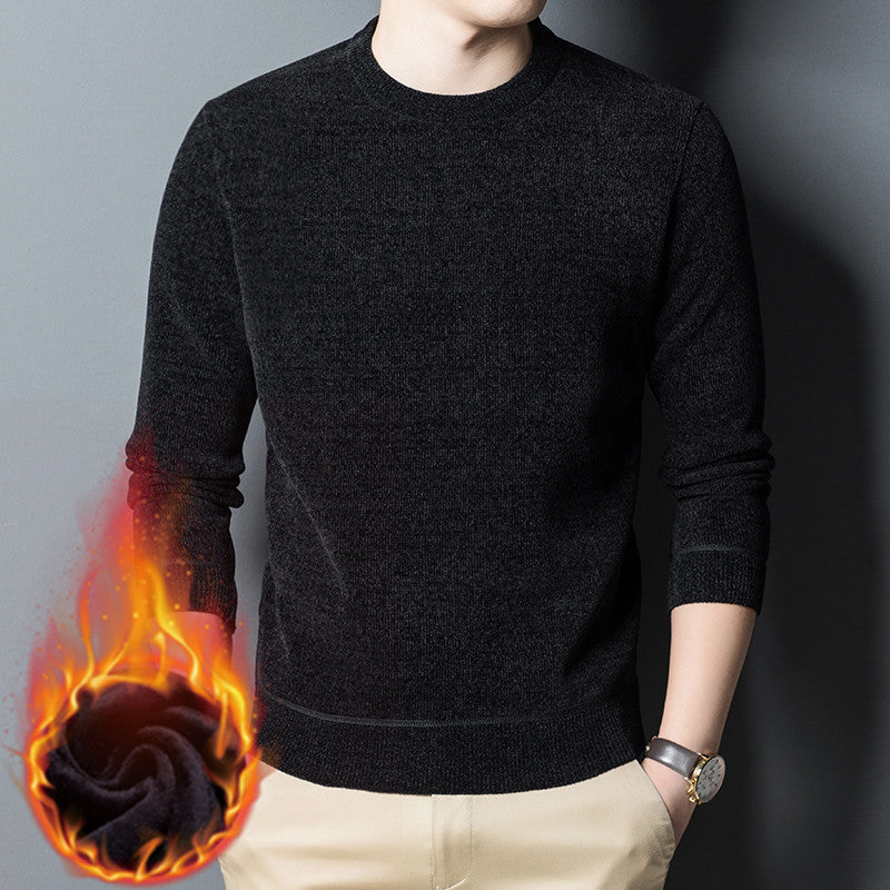 New Chenille Fleece-Lined Thickened Sweater – Men’s Solid Color Winter Warm Base Layer