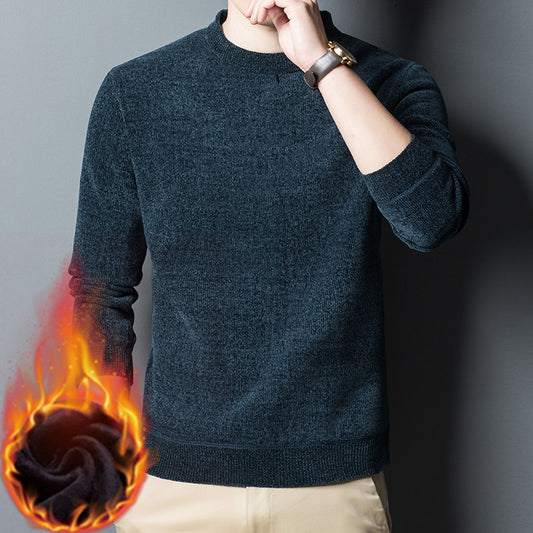 New Chenille Fleece-Lined Thickened Sweater – Men’s Solid Color Winter Warm Base Layer