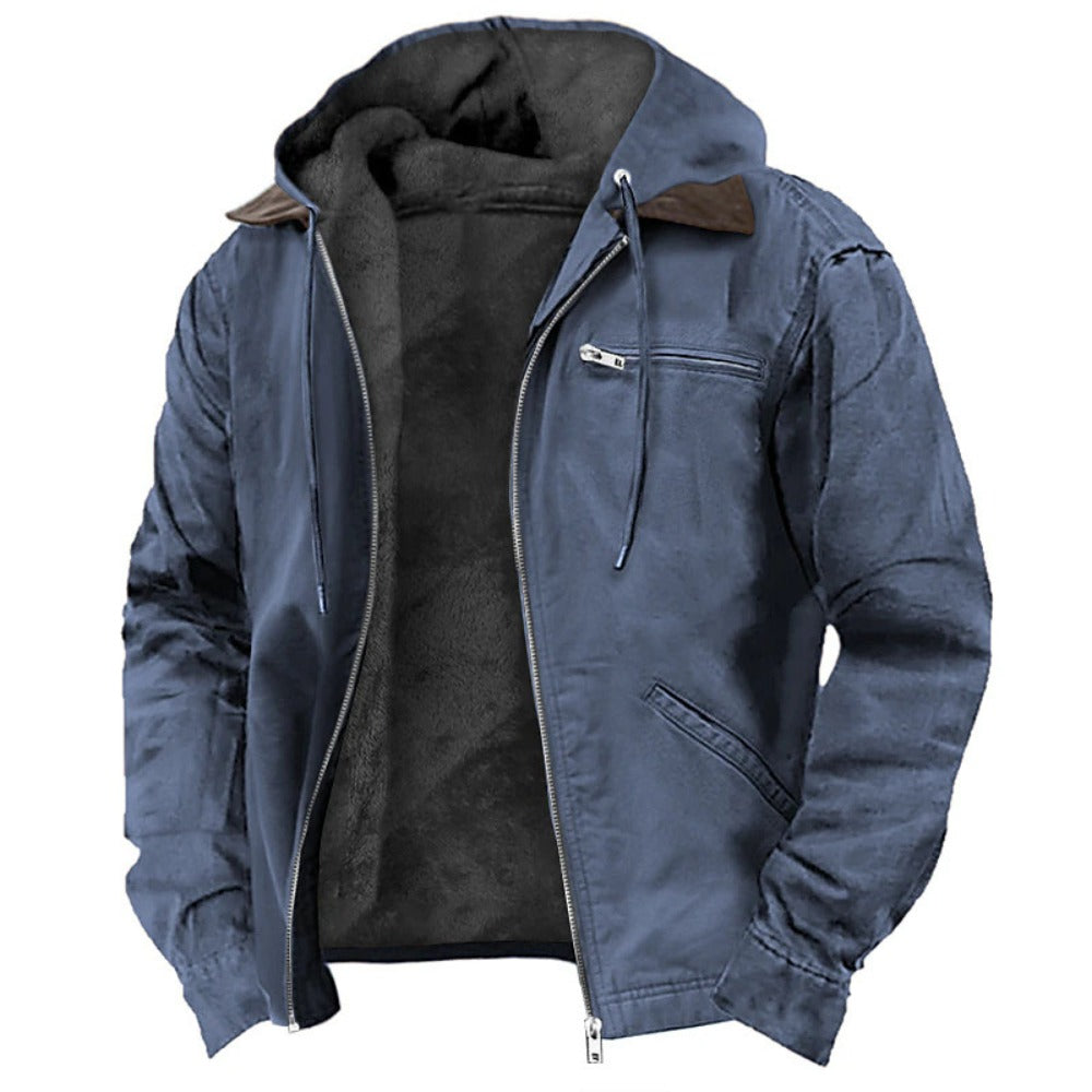 Solid Color Hooded Fleece-Lined Zip-Up Casual Jacket