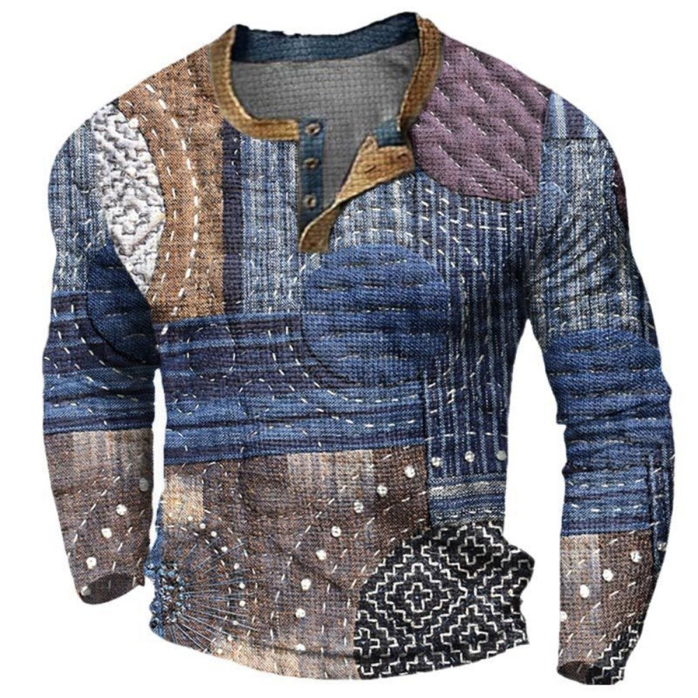 Men's 3D Head Print Henley Neck Long Sleeve Sweatshirt