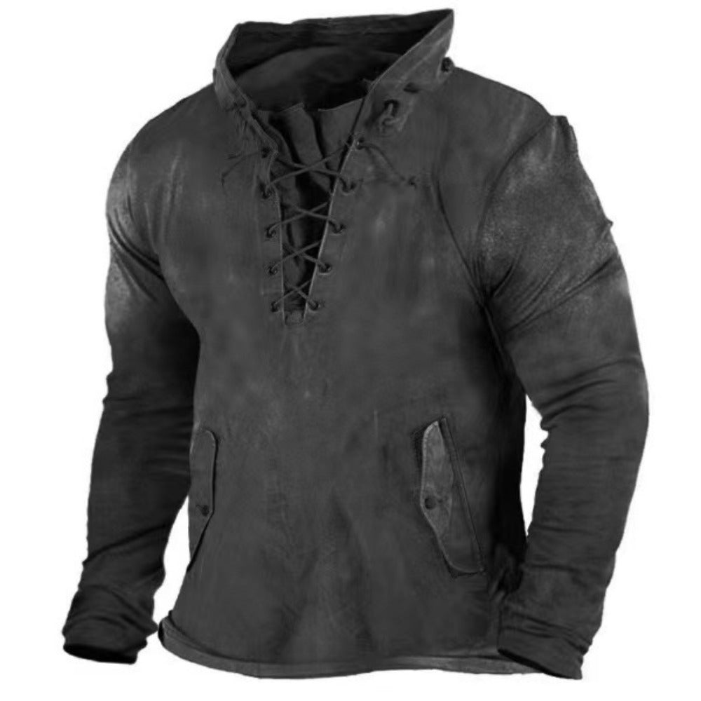 Men's Retro Tie-Front Hooded T-Shirt Loose Solid Color Outdoor Casual Top