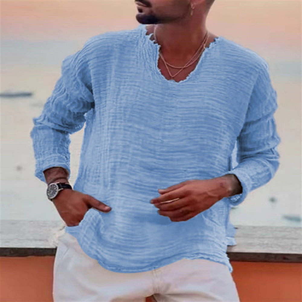 Youth Washed Distressed V-Neck Linen Long-Sleeve Shirt with Frayed Hem